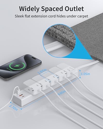 6FT Surge Protector Power Strip, 1700J, 5AC&1A2C, Flat Plug Extension Cord - Image 5