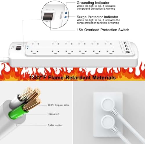Surge Protector Power Strip, Nuetsa 6Ft Flat Plug Extension Cord with12 Outlets and 4 USB Ports for Home, Office, Dorm Essentials, 2700 Joules, ETL Listed, White - Image 6