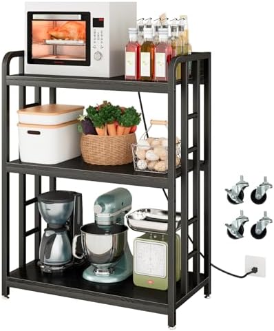Baker's Rack with Power Outlet, 3-Tier Adjustable Microwave Cart, Black by METYERRY