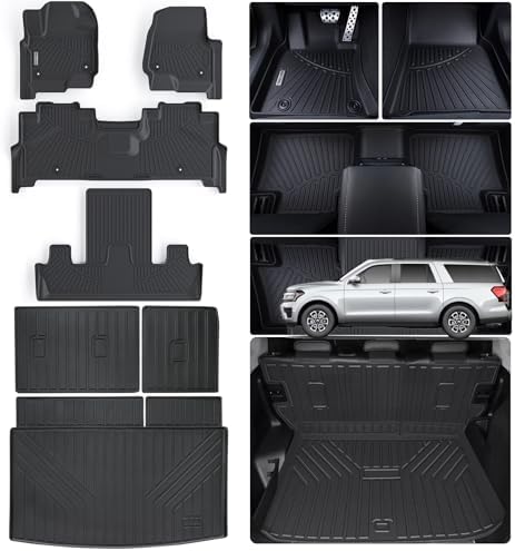 Floor Mats for Ford Expedition MAX 2018-2024 (Only Fit 7 Seats-2 Row Bucket Seat Non Short) & Trunk Mat All Weather Protection Floor Liners & Cargo Liners Velcro Covering The Backrest Accessories by WAYIDSS