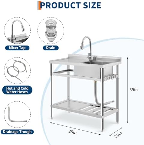 GarveeTech 39 in x20 in Freestanding Stainless Steel Utility Sink with Workbench, Hot & Cold Faucet, Undershelf, Knife Holder, S-Hooks – Commercial Prep Sink for Kitchen, Garage, Outdoor, Laundry - Image 2