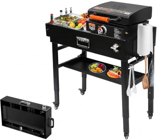 Adjustable Height 28"and 34" Portable Outdoor Grill Table for Blackstone Griddle Stand, Folding Grill Cart with 4 Lockable Caster Wheels for Blackstone 17"/22" Griddle, Ooni Pizza Oven, Ninja, Weber by Hisencn