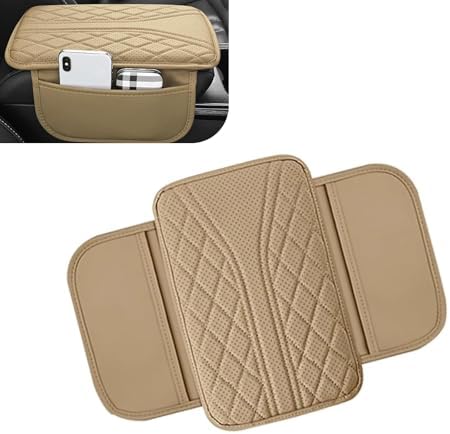 Car Center Console Cover, Breathable Fiber Leather Car Armrest Cover with 2 Storage Bags, Universal Vehicle Center Console Pad, Universal for SUV, Sedan, Truck (Beige) by Unknown