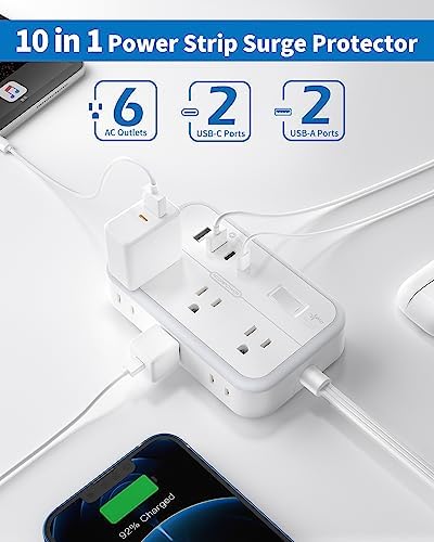 Flat Extension Cord 15 ft, NTONPOWER Surge Protector Power Strip with 6 Widely Outlets 4 USB Ports(2 USB C), Flat Plug, Wall Mounted, Side Outlet Extender for Indoor, Home Office, Dorm Room Essentials - Image 3