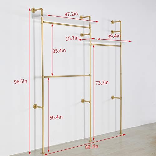 Industrial Pipe Clothing Rack Wall Mounted, Heavy Duty Hanging Clothes Rack Clothing Store Display Stands Garment Rack Closet System, 2 Tier Wood Garment Rack (Gold, 96.5x80.7inch) - Image 3