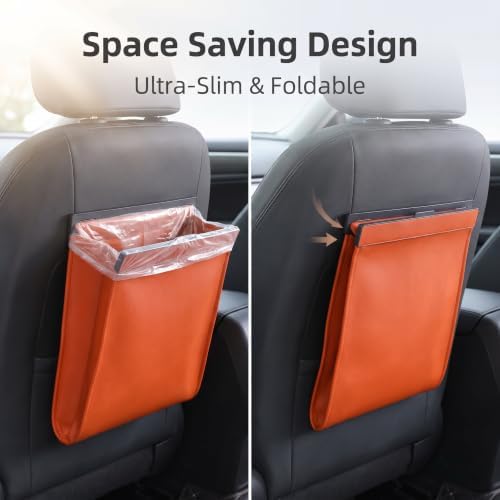 Magnetic Car Trash Can, Leakproof PU Leather Car Garbage Bin, Waterproof Vehicle Waste Basket, Foldable Multi‑Purpose Car Storage Organizer, Universal for Car Truck SUV Van (Orange) - Image 5