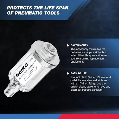 NEIKO 30252A Water and Oil Separator for Air Line | 1/4" NPT Inlet and Outlet | 90 PSI | Air Compressor and Air Tool Accessory | Protect Lifespan of Pneumatic Tools | Water Moisture Filter Dryer - Image 3