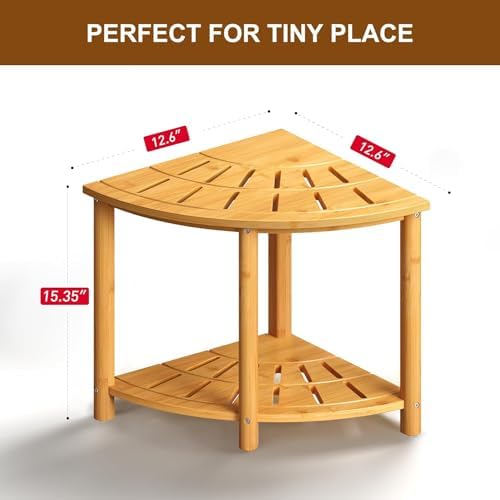 Bamboo Shower Bench with Storage Shelf Waterproof Corner Shower Stool for Shaving Legs Compact Size (15 * 13in) - Image 5
