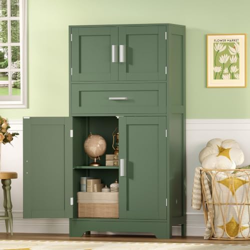 TEENFON Bathroom Floor Storage Cabinet with Adjustable Shelf, Freestanding Storage Cabinet with 4 Doors, Cupboard for Living Room, Home Office, Entryway, Forest Green - Image 2