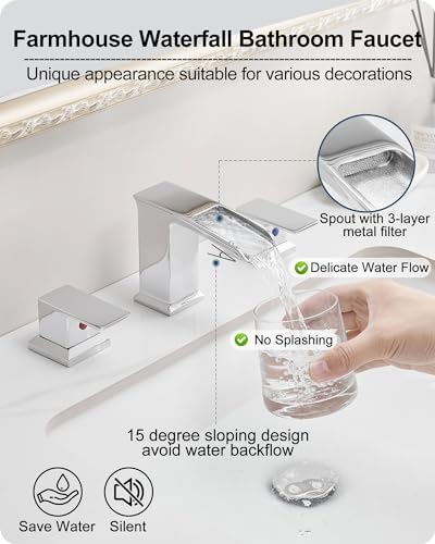 3 Hole Bathroom Faucet Waterfall, Chrome 8 Inch 2 Handles with Drain - Image 2