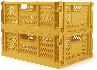 2 Pack Stackable Storage Crates, Plastic Foldable Baskets Large Golden by Domiella