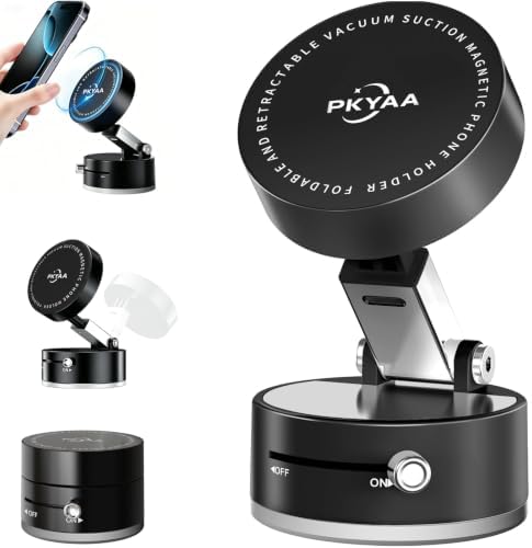 PKYAA 2026 Upgraded Foldable and Retractable Magnetic Mount, Vacuum Suction Magnetic Phone Holder, A Movable Vacuum Suction Cup Car Phone Stand for Cars/Gyms/Mirrors/Smooth Surface (Black) by PKYAA
