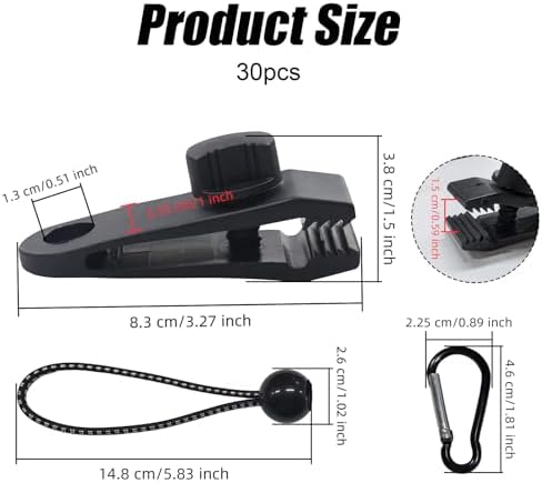 30 Pack Tarp Clips with Bungee Balls & Buckle, Heavy Duty Tarp Tie Downs, Waterproof Lock Grip Tent Clips for Camping, Garden Shade Cloth, Car Cover and Awning, Black - Image 2