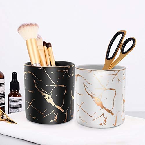 Pencil Cup, Pen Holder for Desk, Pen Pencil Stand Holder for Desk, WAVEYU Office Desk Organizer for Girls Women Kids Ceramic Glitter Marble Makeup Brush Holder, Black (Upgrade Style) - Image 5