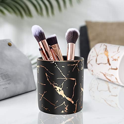 Pencil Cup, Pen Holder for Desk, Pen Pencil Stand Holder for Desk, WAVEYU Office Desk Organizer for Girls Women Kids Ceramic Glitter Marble Makeup Brush Holder, Black (Upgrade Style) - Image 4