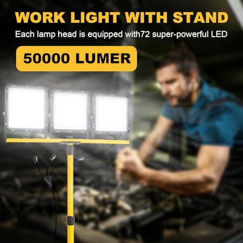 50000Lumen LED Work Lights with Stand - 3 Head Portable Work Light with IP65 Waterproof, Adjustable Stand, 16ft Cord for Construction Sites, Garage, Warehouse Lighting - Indoor Outdoor - Image 6