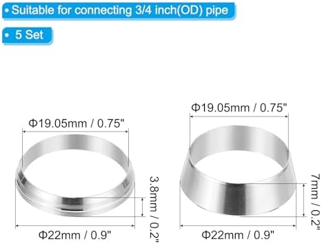 PATIKIL 3/4" Tube OD 304 Stainless Steel Compression Tube Fitting Sleeve, 5 Pack Double Ferrule Ring Tubing Fitting Assortment Kit, Silver - Image 2