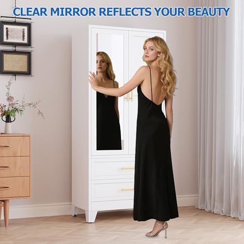 GAIOUS Steel Armoire Wardrobe Closet with Mirror and 2 Drawers 71" White - Image 3