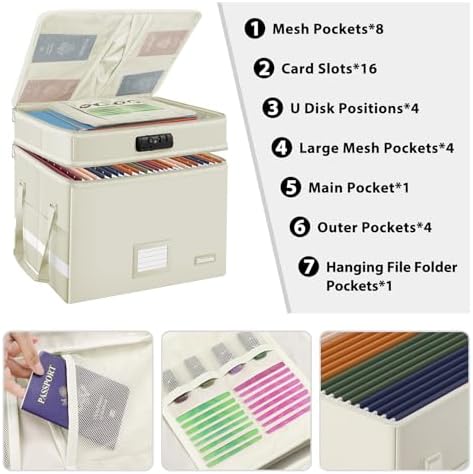 DocSafe File Box with Lock,Multi-Layer Fireproof Document Box Collapsible File Storage Organizer with Pockets/Handle,Large Portable Home Office Filing Box for Hanging Letter/Legal Size Folders,Beige - Image 2