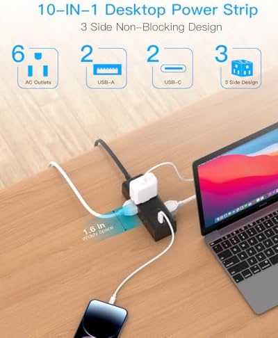 Short Extension Cord with Multiple Outlets, Flat Plug Power Strip, Black - Image 3