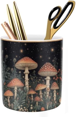 Cute Pen Pencil Holder for Desk, Durable Ceramic Organizer Decor for Room, Office, Classroom, Mushroom Pattern by WAVEYU