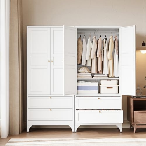 Letaya 71" Metal Wardrobe Cabinets with 2 Drawers,Steel Armoire Wardrobe Closet with Doors and Shelves,Clothing Storage Cabinets with Hanging Rod for Bedroom, Gym, Cloak Room,White - Image 2