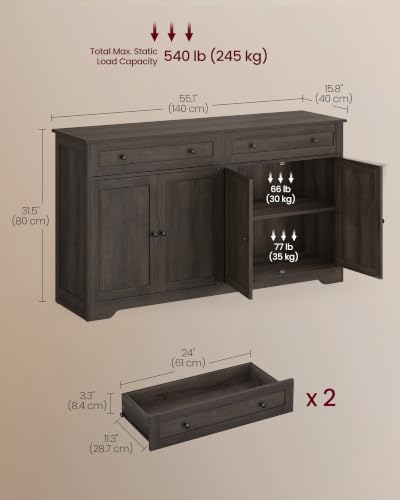 VASAGLE Buffet Cabinet, Sideboard, 4 Doors, 55.1 x 15.8 x 31.5 Inches - Image 2