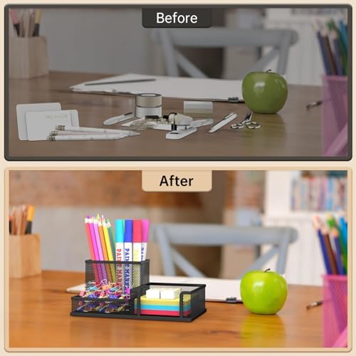 SUPEASY Pen Holder Desk Organizer, Office Supplies Pencil Holder with 3 Compartments, Desk Accessories and Workspace Organizers for Home School Classroom, Black - Image 6