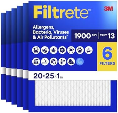 Filtrete 20x25x1 AC Furnace Air Filter, MERV 13, MPR 1900, Premium Allergen, Bacteria & Virus Filter, 3-Month Pleated 1-Inch Electrostatic Air Cleaning Filter, 6-Pack (Actual Size 19.69x24.69x0.78 in) by Filtrete