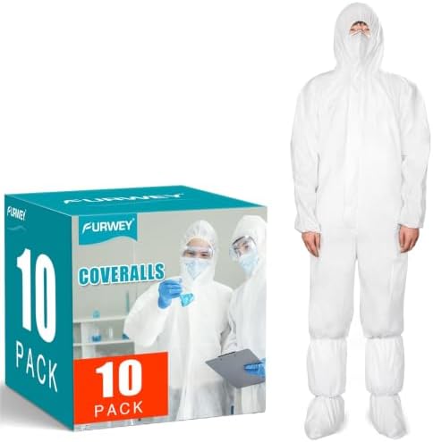 FURWEY 10P Hazmat Suits, Disposable Coveralls with Shoe Covers, Sizes M-4XL by FURWEY