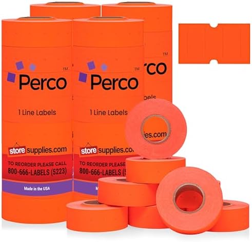 Perco 1 Line Fluorescent Red Labels - 32,000 Blank Price and Date Gun Labels for Perco Lite, X, Plus and Pro 1 Line Price and Date Guns- 32 Rolls, 4 Sleeves - Made in USA by Perco
