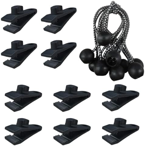 YoRise 20PCS Tarp Clips Heavy Duty Lock Grip & Ball Bungee Cords, Shade Cloth Fastener Clips, Car Cover Clamp Holder for Pool Awning Cover, Shark Tent, Outdoor Camping (Black) by Unknown