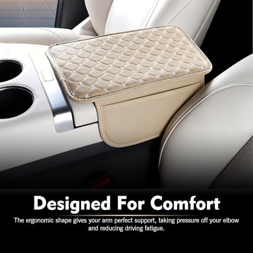 Car Center Console Cover, Leather Waterproof Armrest Cover Protector with 2 Side Storage Bags, 7.87" x 11.8" Comfort Anti-Slip Armrest Seat Box Pad, Universal for Most Cars (Beige) - Image 5