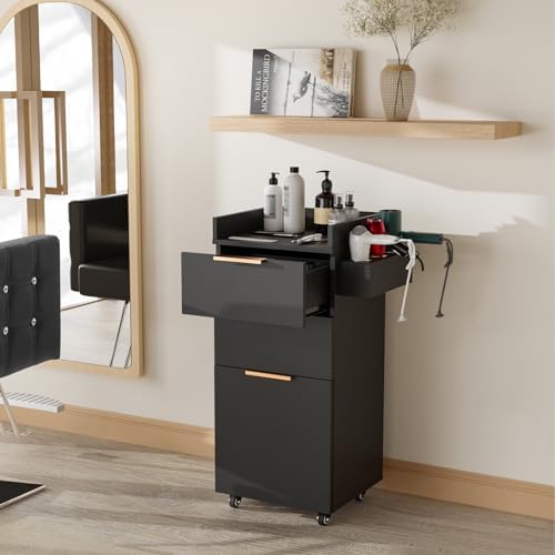 OmySalon Salon Trolley with Wheels, 2 Drawers & 1 Storage Cabinet, Salon Cart for Hair Stylist, Portable Styling Station for Barbershop Beauty Spa, Black - Image 2