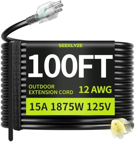 12AWG 100FT Outdoor Extension Cord, Heavy Duty with Lighted End by Seeklyze