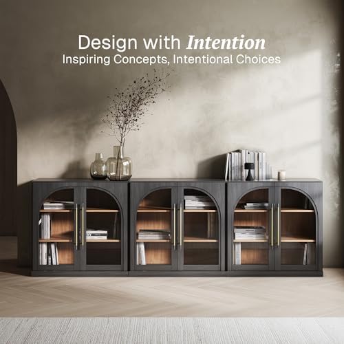BELLEZE Set of 3 Modular Sideboard with Arched Glass Door, 97'' Accent Display Buffet Cabinet with Storage and Adjustable Shelves,Classic Modern Credenza for Living Room Kitchen Entryway (Ebony) - Image 3