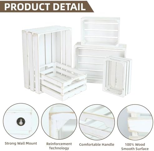 Large Wooden Crates, Set of 5 Wood Crates with Handles, Rustic Whitewashed Farmhouse Wooden Crate for Display, Wedding Birthday Home Party Living Room Kitchen Decoration - Image 3