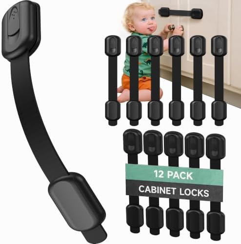 Infinno 12 Pack Cabinet Locks Baby Proofing Heavy Duty - Child Safety Cabinet Locks for Drawers, Cupboards & Fridge – No Drill 3M Adhesive Locks for Pets - Toddler Safety Latches-Black by InfinnoHome