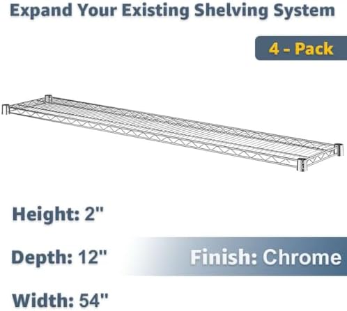 4-Pack Heavy Duty 12"x54" Chrome Wire Shelf, NSF Metal Storage Rack Add-On Shelving Unit - Image 2