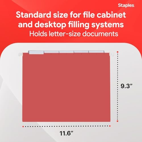 Staples Hanging File Folders, Letter Size, Red, 1/5-Cut Tabs, 25/Pk - Image 3
