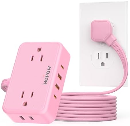 HOPOW Pink Extension Cord, 6 FT Flat Plug Power Strip, 4AC&2A2C, 1625W/13A by HOPOW