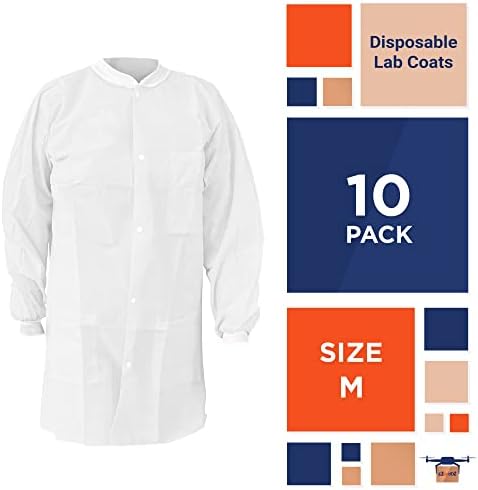 EZGOODZ Disposable Lab Coats for Adults, Medium White, 45 GSM Polypropylene, Unisex Lab Coat with Snap Front, Knit Cuffs and Collar, 3 Pockets, Pack of 10 - Image 2