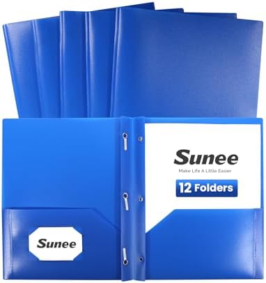 SUNEE 12-Pack Blue Plastic Folders with Pockets and Prongs, Letter Size, 9 x 11.5 in by SUNEE
