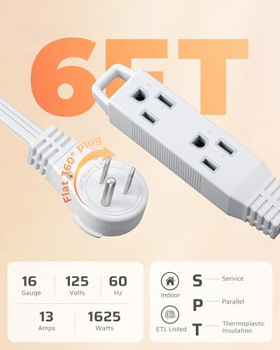 DEWENWILS 6FT 360° Rotating Flat Plug Extension Cord/Wire, 16/3, 2 Pack - Image 2