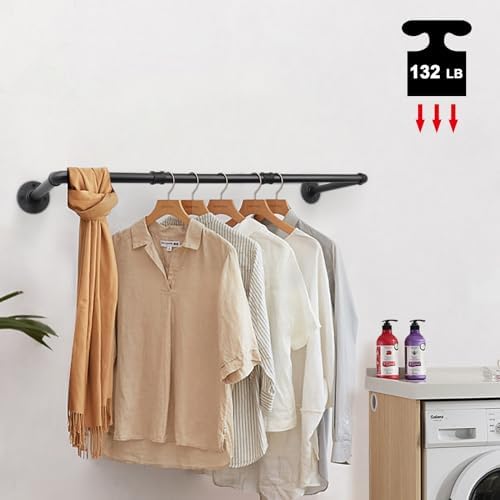 Livabber Industrial Pipe Clothes Rack, Heavy Duty Detachable Iron Garment Rack Wall Mounted, Rustic Saving Space Clothes Bar Multi-Purpose Hanging Rod for Bedroom, Closet, Black (36 Inch) - Image 6