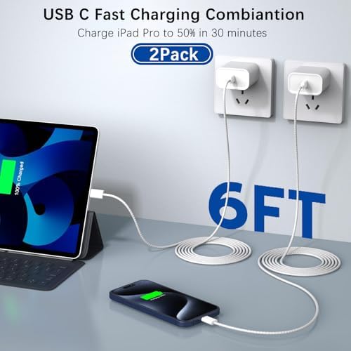 iPad Fast Charger, 2 Pack 20W USB C Charging Block Charge Adapter for Apple iPad Charger with 6FT USB C Woven Fast Charging Cable for iPad Pro 13/12.9/11inch,iPad Air 5th/4,iPad mini 6/7,i-Pad 11 A16 - Image 2