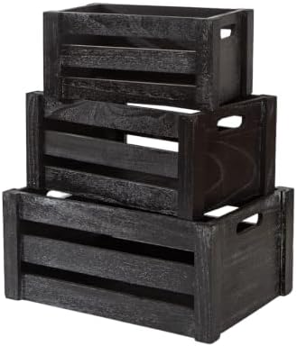 Set of 3 Nesting Wooden Crates, Small Rustic Farmhouse Wood Storage Boxes with Handles, Stackable Compact Organizer Bins for Kitchen Bathroom Bedroom Decor, 3 Sizes & 3 Colors (White, Brown, Black) by Unknown