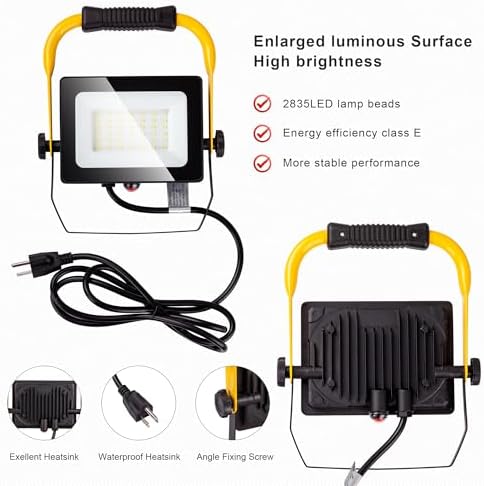 30W LED Work Light, 5000LM Portable Flood Lights, 6ft Cord with Plug & Switch IP66 Waterproof,5000K,Adjustable Working Lights for Workshop, Garage, Construction Site - Image 4