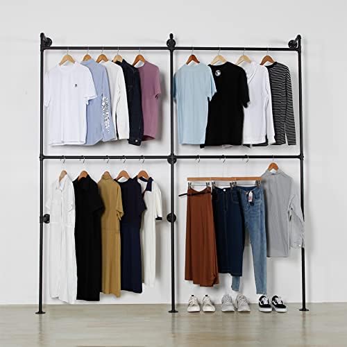Industrial Pipe Clothing Rack Heavy Duty Double Closet Rod Clothes Rack, Clothing Rods for Hanging Clothes, Wall Mounted Clothes Garment Rack Closet System 90in Black by ZGZR