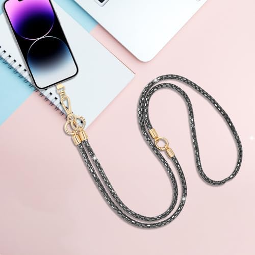 Crystal Phone Strap Crossbody Rhinestone Anti Theft Layered Strap Crossbody Cell Phone Neck for Women (Black) - Image 7